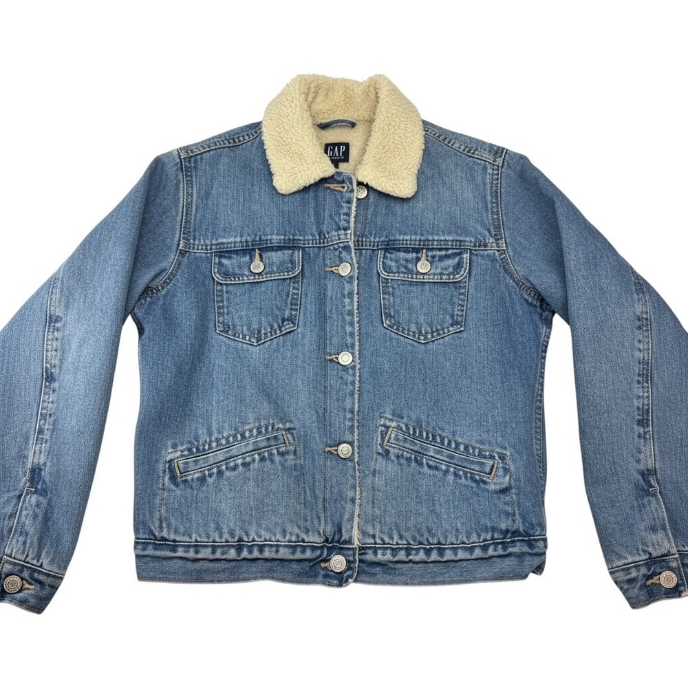 GAP Denim Sherpa Lined Trucker Jacket Medium Wash Blue Women Small Vintage
